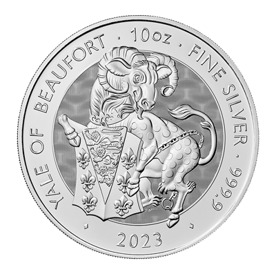 A picture of a 10 oz Tudor Beasts The Yale of Beaufort Silver Coin (2023)